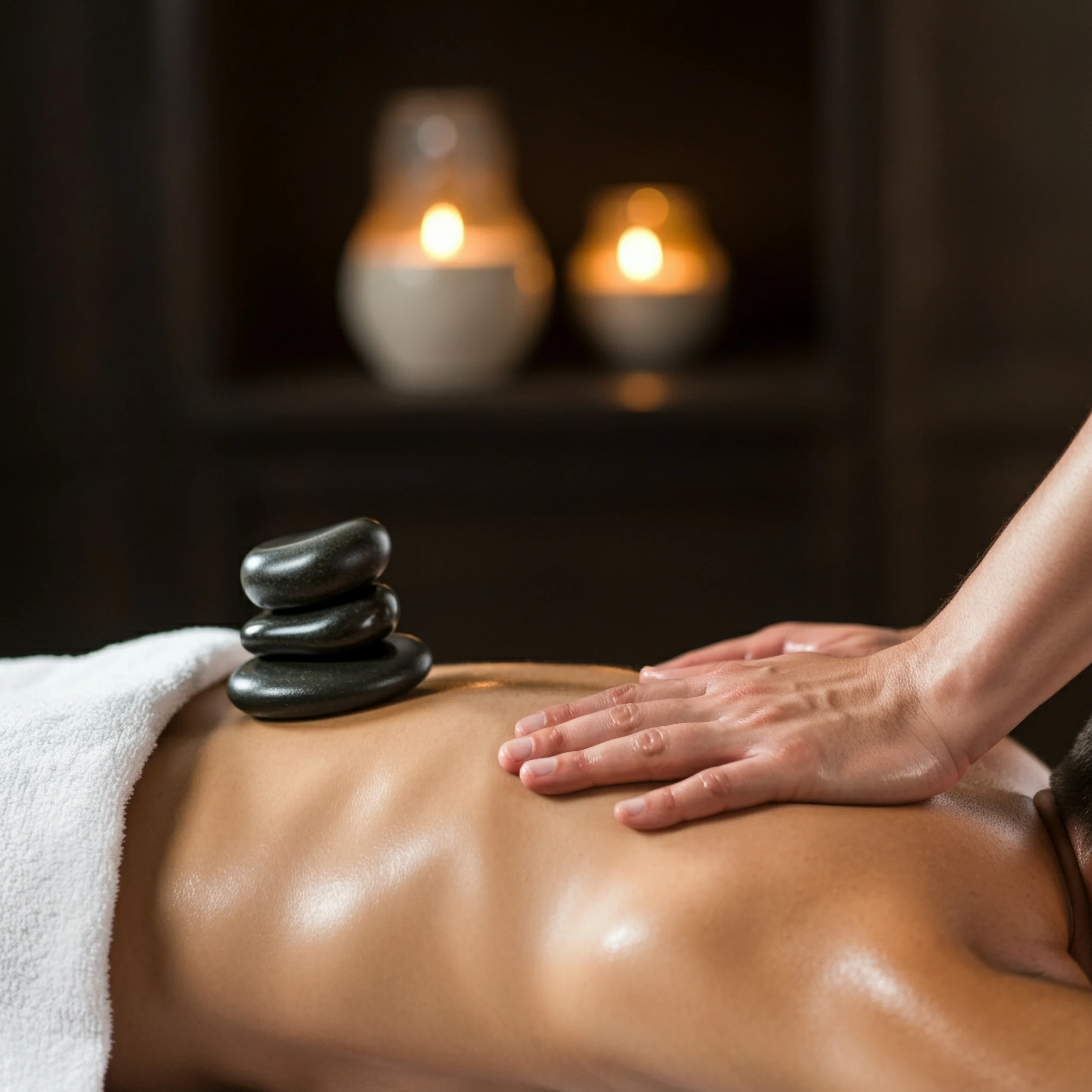 Man getting a massage with Hot stones on his back