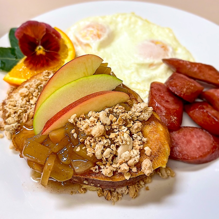 French toast with warm spiced apples and vanilla-almond granola