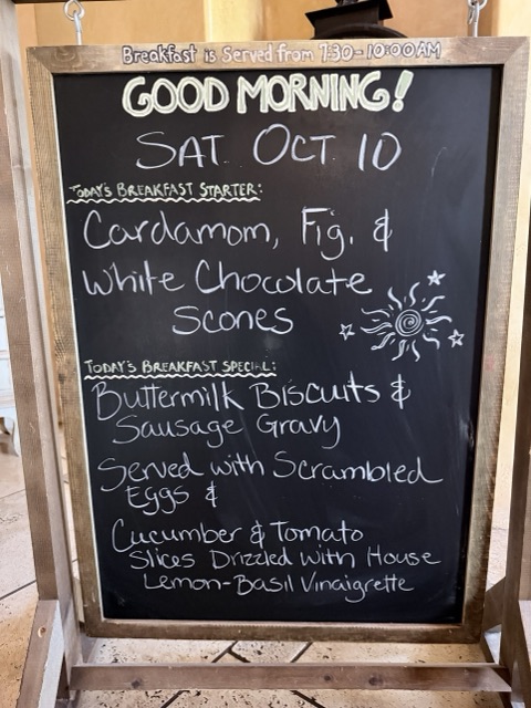 Saturday's chalkboard: cardamom, fig and white chocolate scones, then buttermilk biscuits and sausage gravy