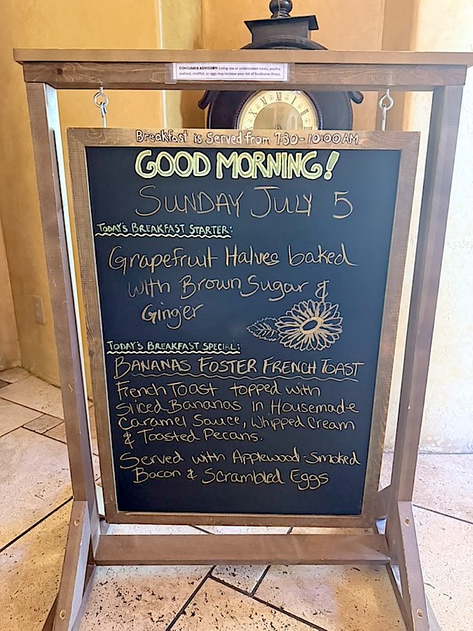 The breakfast chalkboard: grapefruit baked with brown sugar and ginger, then Bananas Foster French toast