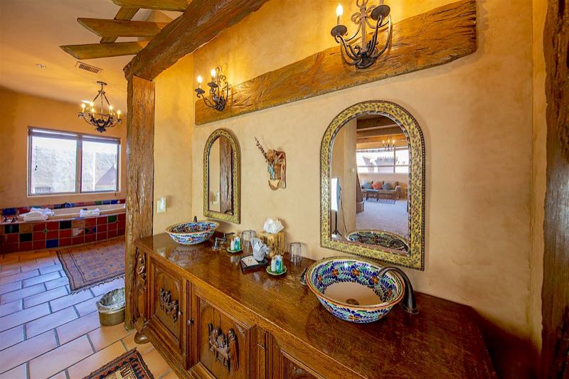 Cactus Flower villa carved vanity with an arched mirror