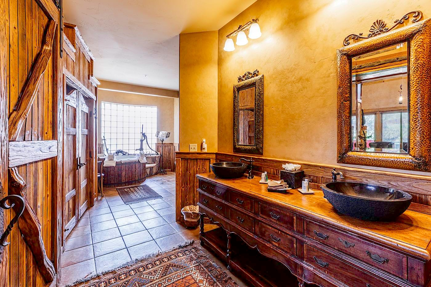 Silver Spur villa wood vanity with copper basins